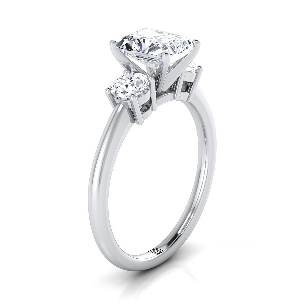 18K White Gold Radiant Cut Center Diamond Perfectly Matched Round Three Stone Diamond Engagement Ring -1/4ctw