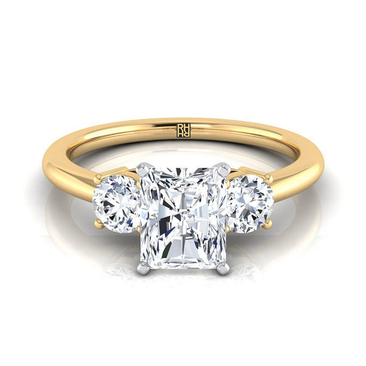 18K Yellow Gold Radiant Cut Center Diamond Perfectly Matched Round Three Stone Diamond Engagement Ring -1/4ctw