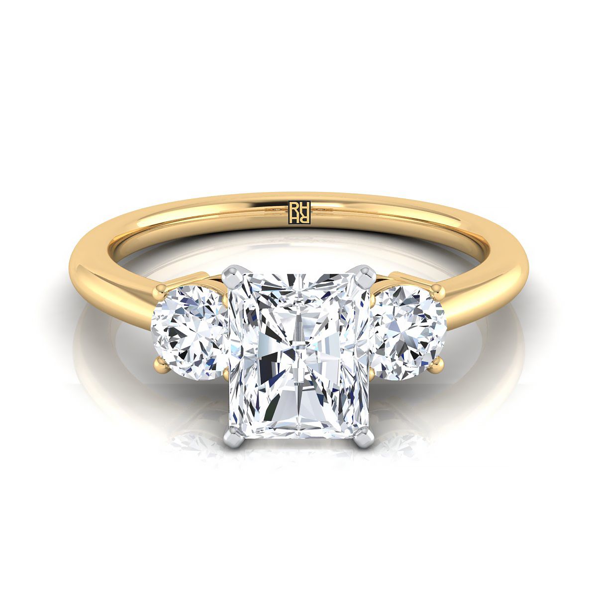 14K Yellow Gold Radiant Cut Center Diamond Perfectly Matched Round Three Stone Diamond Engagement Ring -1/4ctw