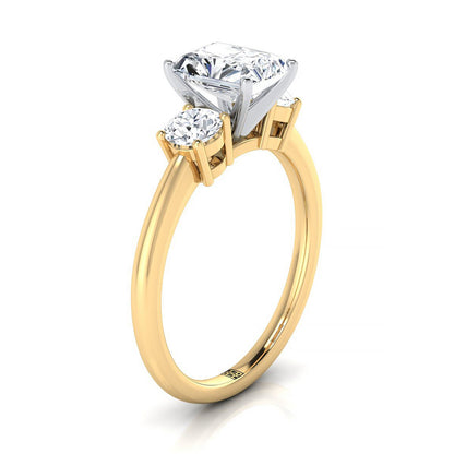 18K Yellow Gold Radiant Cut Center Diamond Perfectly Matched Round Three Stone Diamond Engagement Ring -1/4ctw