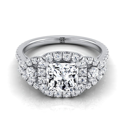 Platinum Princess Cut Diamond Delicate Three Stone Halo Pave Engagement Ring -5/8ctw