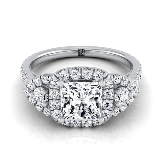 14K White Gold Princess Cut Diamond Delicate Three Stone Halo Pave Engagement Ring -5/8ctw