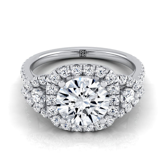 14K White Gold Round Brilliant Diamond Delicate Three Stone Halo Pave Engagement Ring -5/8ctw