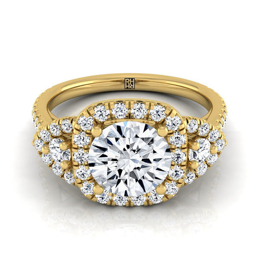 18K Yellow Gold Round Brilliant Diamond Delicate Three Stone Halo Pave Engagement Ring -5/8ctw