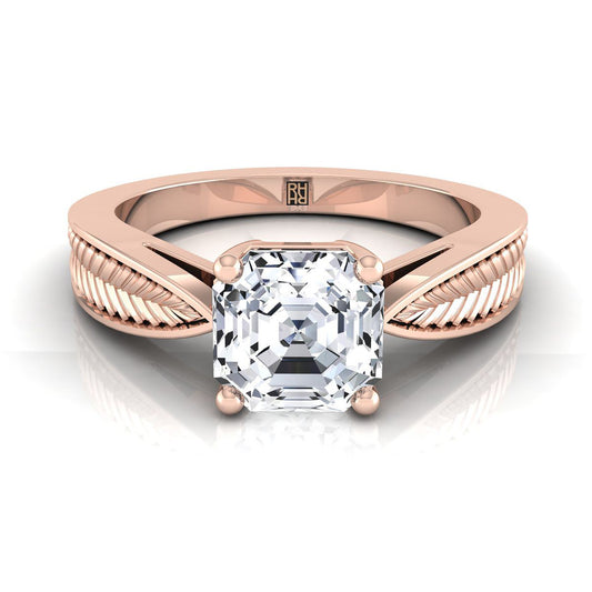 14K Rose Gold Asscher Cut Vintage Inspired Leaf Pattern Pinched Solitaire Engagement Ring