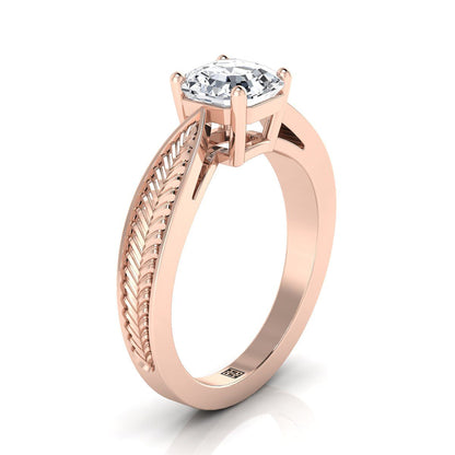 14K Rose Gold Asscher Cut Vintage Inspired Leaf Pattern Pinched Solitaire Engagement Ring