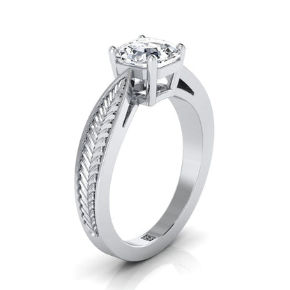 14K White Gold Asscher Cut Vintage Inspired Leaf Pattern Pinched Solitaire Engagement Ring