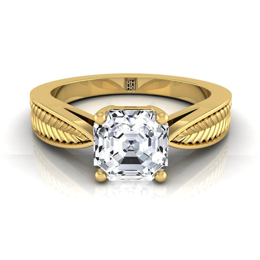 14K Yellow Gold Asscher Cut Vintage Inspired Leaf Pattern Pinched Solitaire Engagement Ring