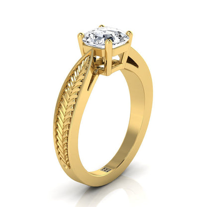 14K Yellow Gold Asscher Cut Vintage Inspired Leaf Pattern Pinched Solitaire Engagement Ring