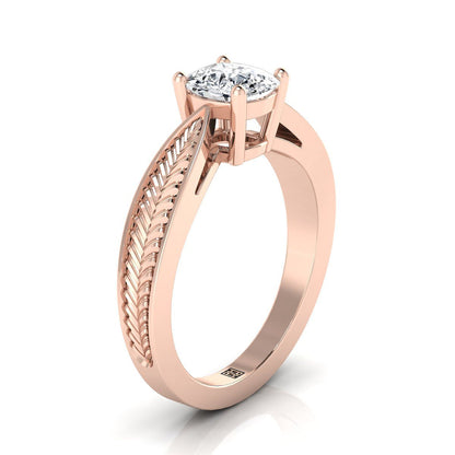 14K Rose Gold Cushion Vintage Inspired Leaf Pattern Pinched Solitaire Engagement Ring