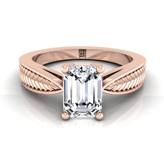 14K Rose Gold Emerald Cut Vintage Inspired Leaf Pattern Pinched Solitaire Engagement Ring