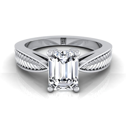 14K White Gold Emerald Cut Vintage Inspired Leaf Pattern Pinched Solitaire Engagement Ring