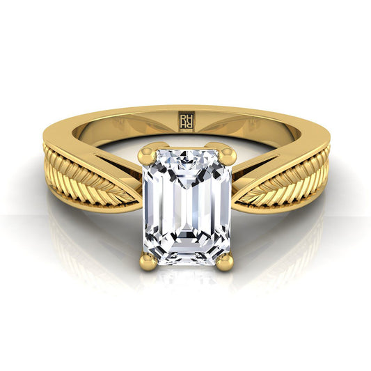 18K Yellow Gold Emerald Cut Vintage Inspired Leaf Pattern Pinched Solitaire Engagement Ring