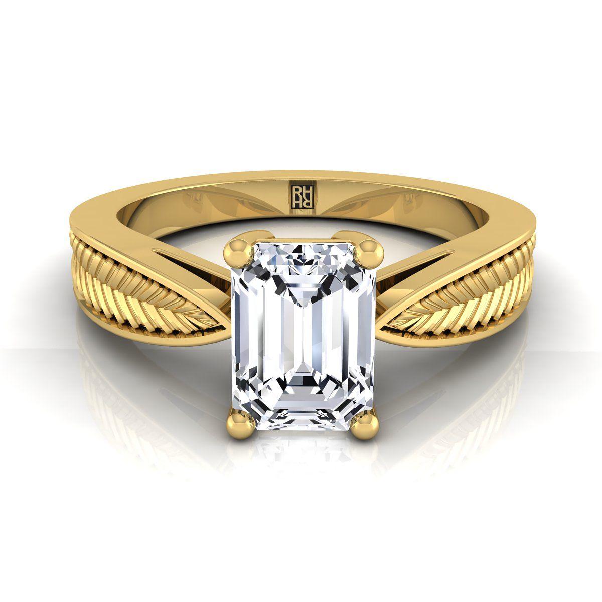 14K Yellow Gold Emerald Cut Vintage Inspired Leaf Pattern Pinched Solitaire Engagement Ring