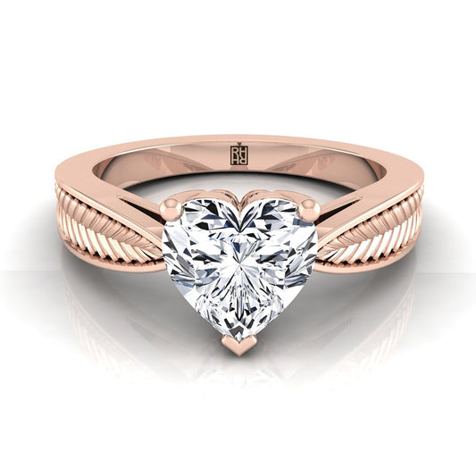 14K Rose Gold Heart Shape Center Vintage Inspired Leaf Pattern Pinched Solitaire Engagement Ring