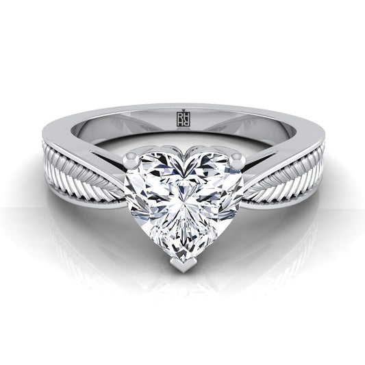 Platinum Heart Shape Center Vintage Inspired Leaf Pattern Pinched Solitaire Engagement Ring