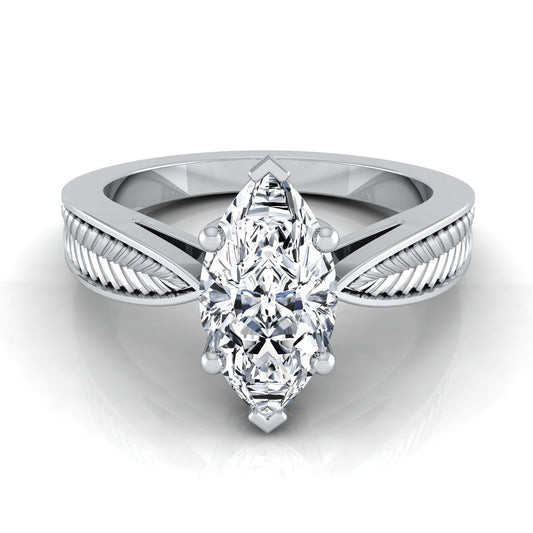 Platinum Marquise  Vintage Inspired Leaf Pattern Pinched Solitaire Engagement Ring