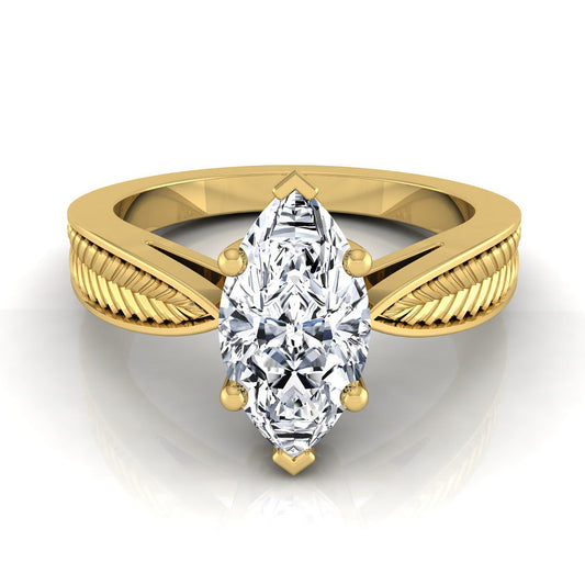 18K Yellow Gold Marquise  Vintage Inspired Leaf Pattern Pinched Solitaire Engagement Ring