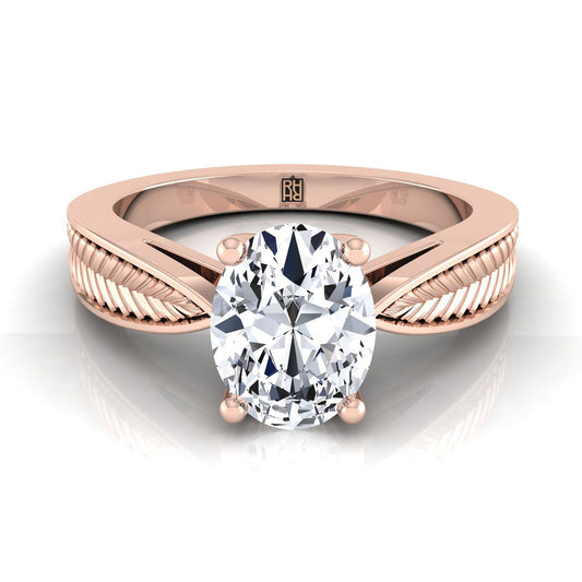 14K Rose Gold Oval Vintage Inspired Leaf Pattern Pinched Solitaire Engagement Ring