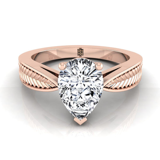 14K Rose Gold Pear Shape Center Vintage Inspired Leaf Pattern Pinched Solitaire Engagement Ring