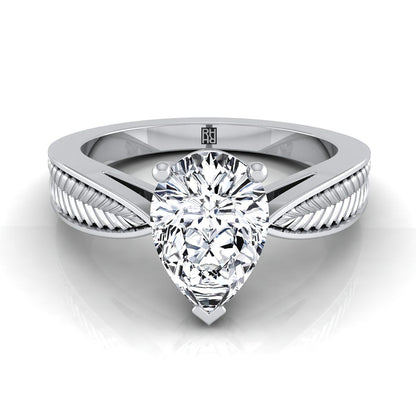 14K White Gold Pear Shape Center Vintage Inspired Leaf Pattern Pinched Solitaire Engagement Ring