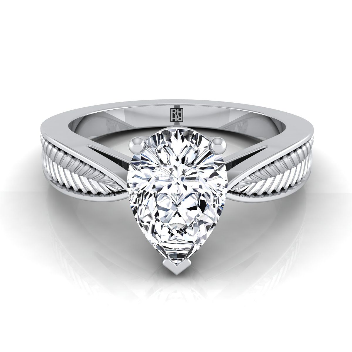 Platinum Pear Shape Center Vintage Inspired Leaf Pattern Pinched Solitaire Engagement Ring