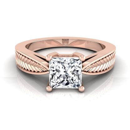 14K Rose Gold Princess Cut Vintage Inspired Leaf Pattern Pinched Solitaire Engagement Ring