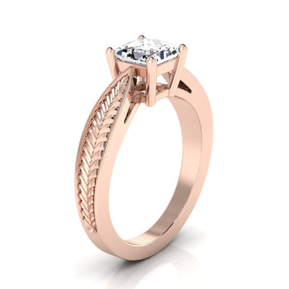 14K Rose Gold Princess Cut Vintage Inspired Leaf Pattern Pinched Solitaire Engagement Ring