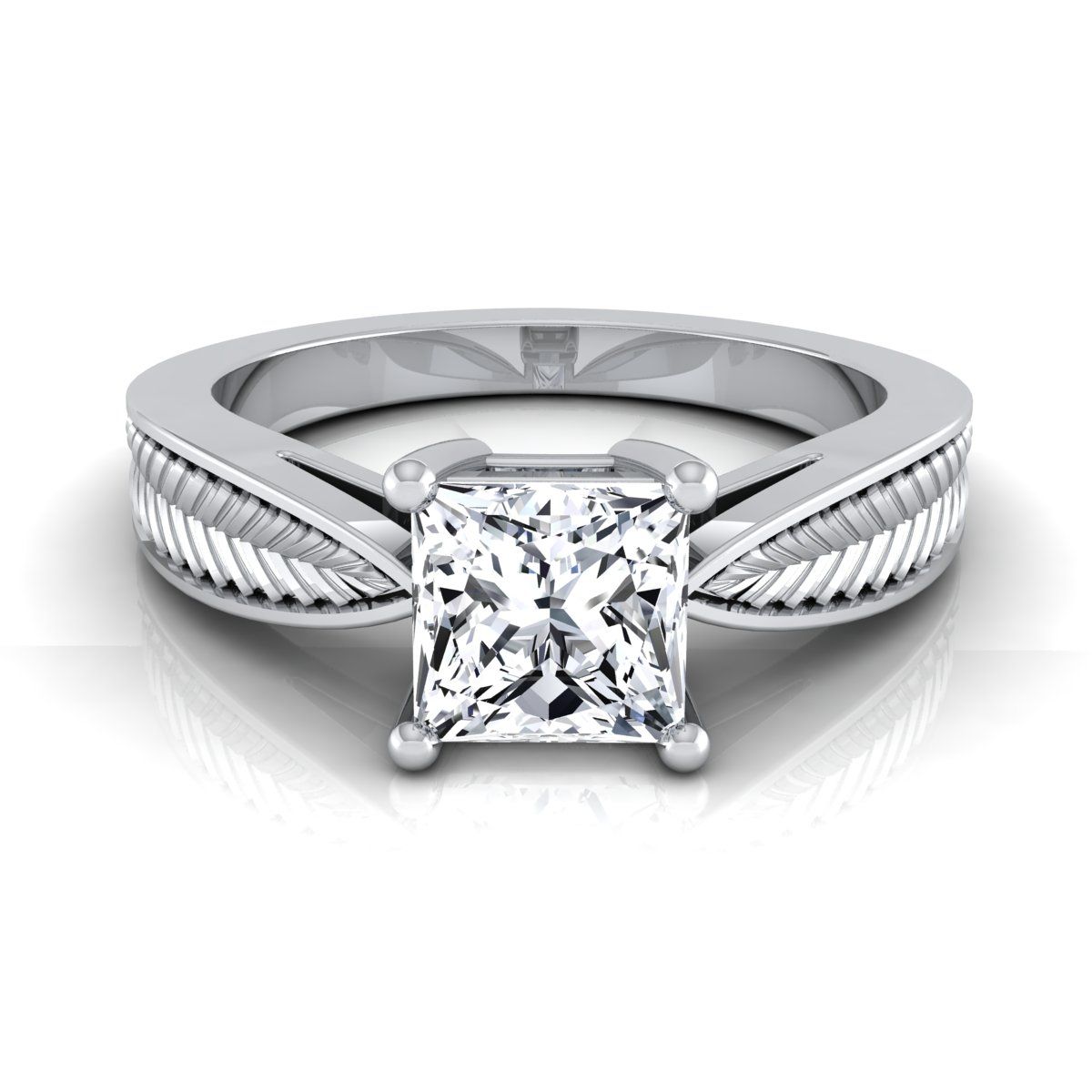 Platinum Princess Cut Vintage Inspired Leaf Pattern Pinched Solitaire Engagement Ring