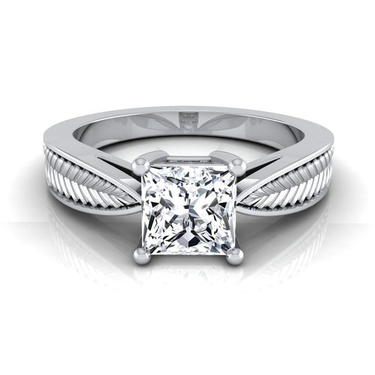 Platinum Princess Cut Vintage Inspired Leaf Pattern Pinched Solitaire Engagement Ring