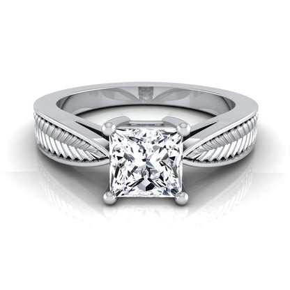 14K White Gold Princess Cut Vintage Inspired Leaf Pattern Pinched Solitaire Engagement Ring