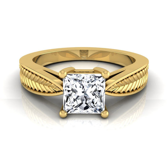 14K Yellow Gold Princess Cut Vintage Inspired Leaf Pattern Pinched Solitaire Engagement Ring