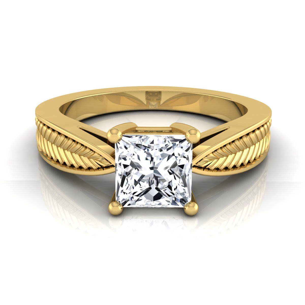 18K Yellow Gold Princess Cut Vintage Inspired Leaf Pattern Pinched Solitaire Engagement Ring