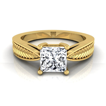 18K Yellow Gold Princess Cut Vintage Inspired Leaf Pattern Pinched Solitaire Engagement Ring