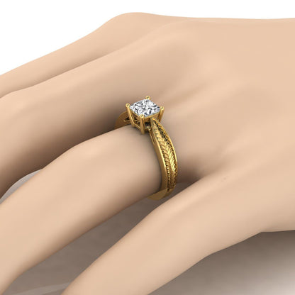 14K Yellow Gold Princess Cut Vintage Inspired Leaf Pattern Pinched Solitaire Engagement Ring