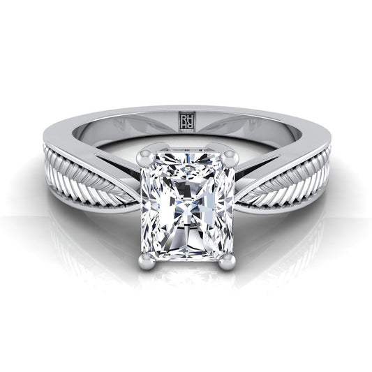 18K White Gold Radiant Cut Center Vintage Inspired Leaf Pattern Pinched Solitaire Engagement Ring