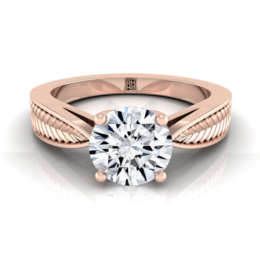 14K Rose Gold Round Brilliant Vintage Inspired Leaf Pattern Pinched Solitaire Engagement Ring