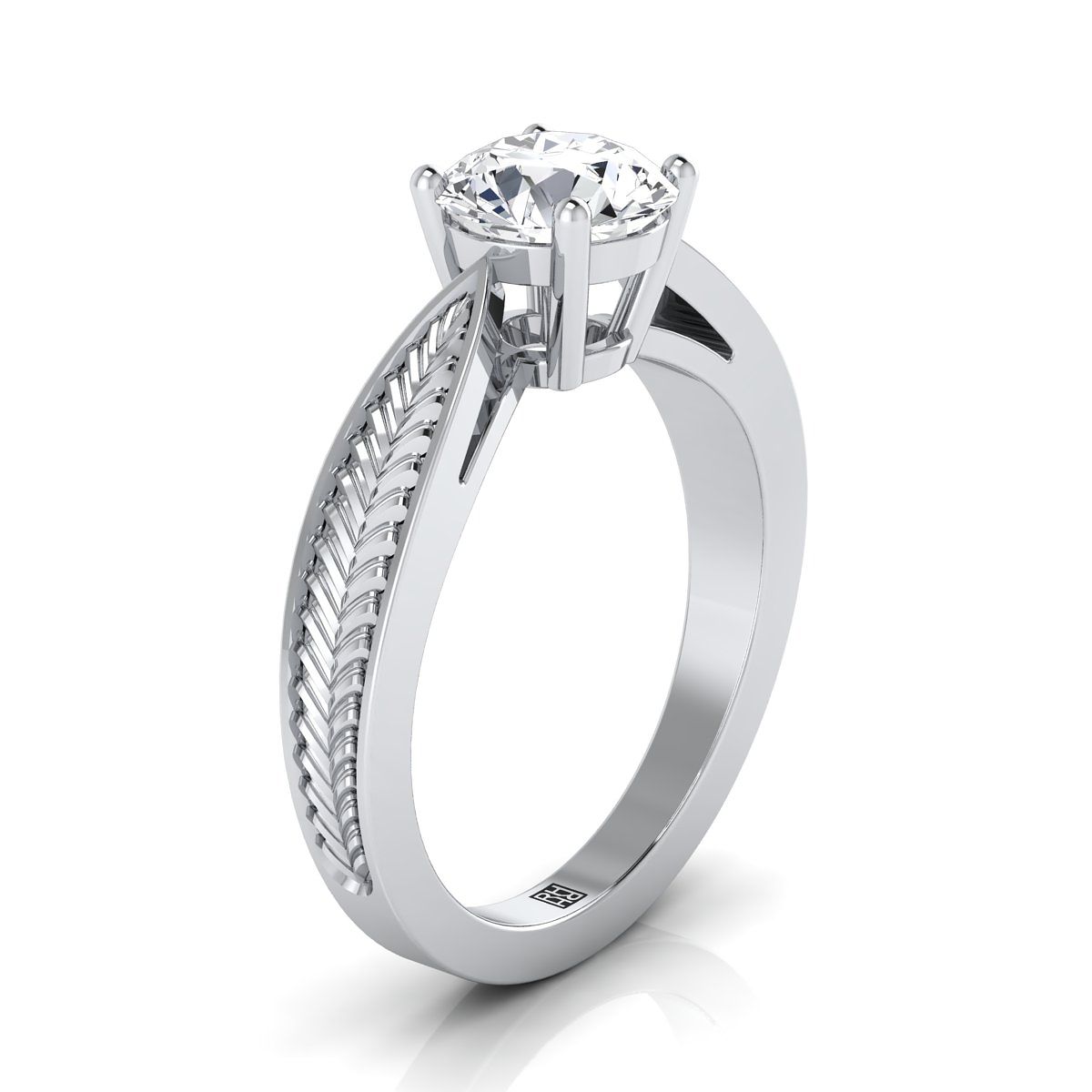18K White Gold Round Brilliant Vintage Inspired Leaf Pattern Pinched Solitaire Engagement Ring