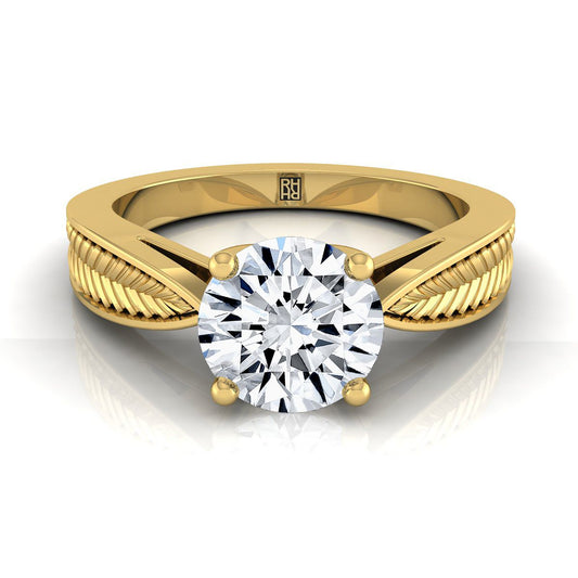 14K Yellow Gold Round Brilliant Vintage Inspired Leaf Pattern Pinched Solitaire Engagement Ring