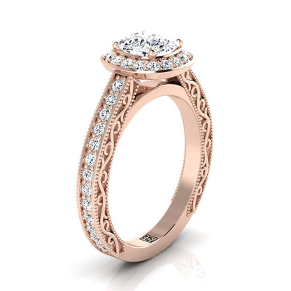 14K Rose Gold Cushion Hand-Engraved Delicate Diamond Milgrain Engagement Ring -1/2ctw