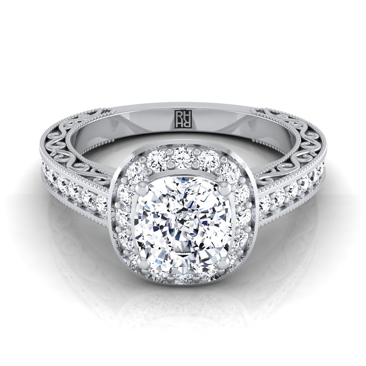 Platinum Cushion Hand-Engraved Delicate Diamond Milgrain Engagement Ring -1/2ctw