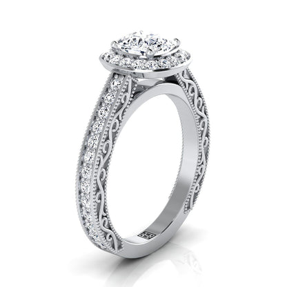 18K White Gold Cushion Hand-Engraved Delicate Diamond Milgrain Engagement Ring -1/2ctw