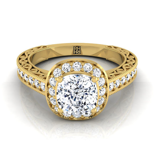 14K Yellow Gold Cushion Hand-Engraved Delicate Diamond Milgrain Engagement Ring -1/2ctw