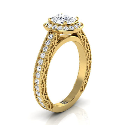 14K Yellow Gold Cushion Hand-Engraved Delicate Diamond Milgrain Engagement Ring -1/2ctw