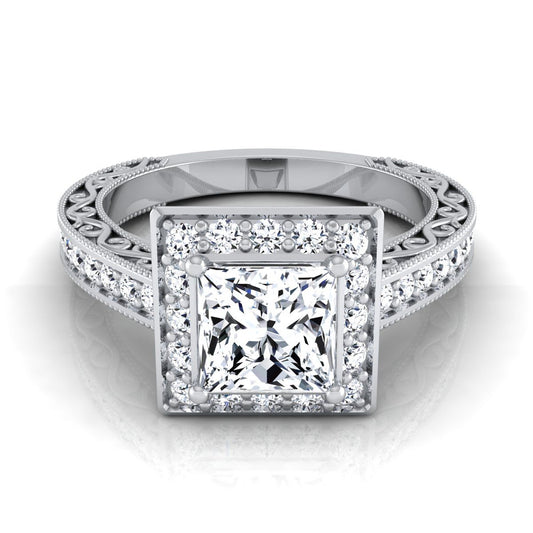 18K White Gold Princess Cut Hand-Engraved Delicate Diamond Milgrain Engagement Ring -1/2ctw