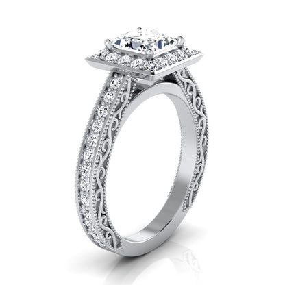 18K White Gold Princess Cut Hand-Engraved Delicate Diamond Milgrain Engagement Ring -1/2ctw