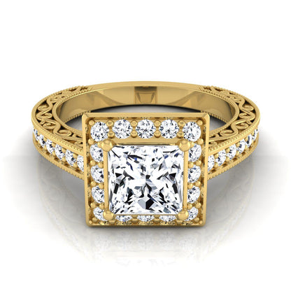 14K Yellow Gold Princess Cut Hand-Engraved Delicate Diamond Milgrain Engagement Ring -1/2ctw