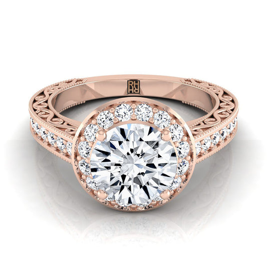 14K Rose Gold Round Brilliant Hand-Engraved Delicate Diamond Milgrain Engagement Ring -1/2ctw