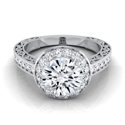 Platinum Round Brilliant Hand-Engraved Delicate Diamond Milgrain Engagement Ring -1/2ctw