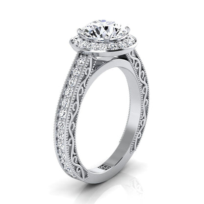 14K White Gold Round Brilliant Hand-Engraved Delicate Diamond Milgrain Engagement Ring -1/2ctw
